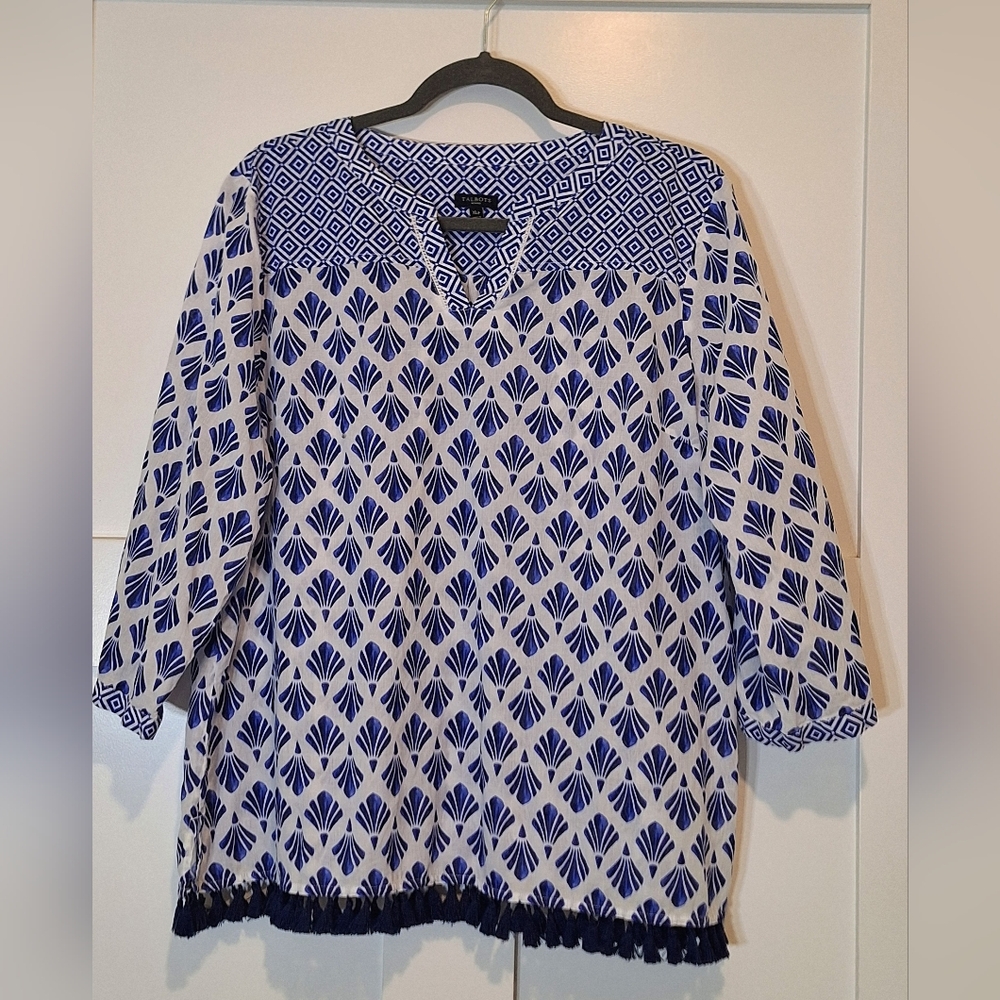 Talbots Cotton Blue & White Geometric Print V Neck Tunic Tasseled Hem Size XLP